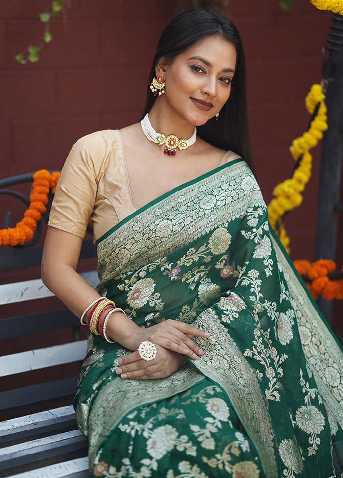 Green Handloom Pure Georgette Saree With Blouse Piece