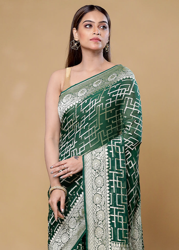 Green Handloom Pure Georgette Saree With Blouse Piece