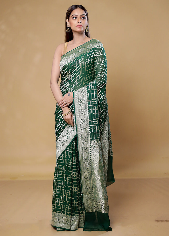 Green Handloom Pure Georgette Saree With Blouse Piece