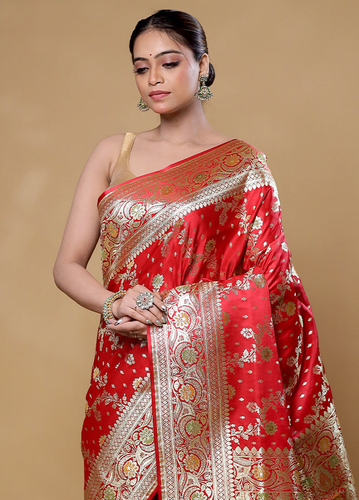 Red Banarasi Silk Saree With Blouse Piece