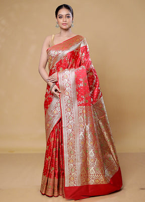 Red Banarasi Silk Saree With Blouse Piece