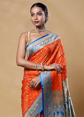 Orange Handloom Tanchoi Pure Silk Saree With Blouse Piece