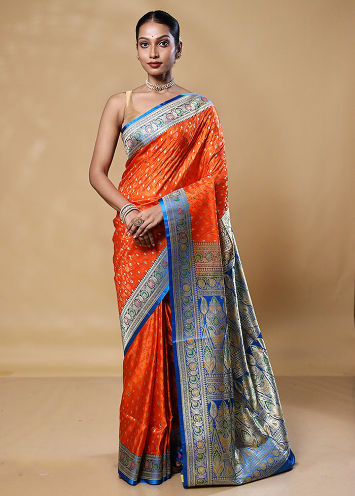 Orange Handloom Tanchoi Pure Silk Saree With Blouse Piece