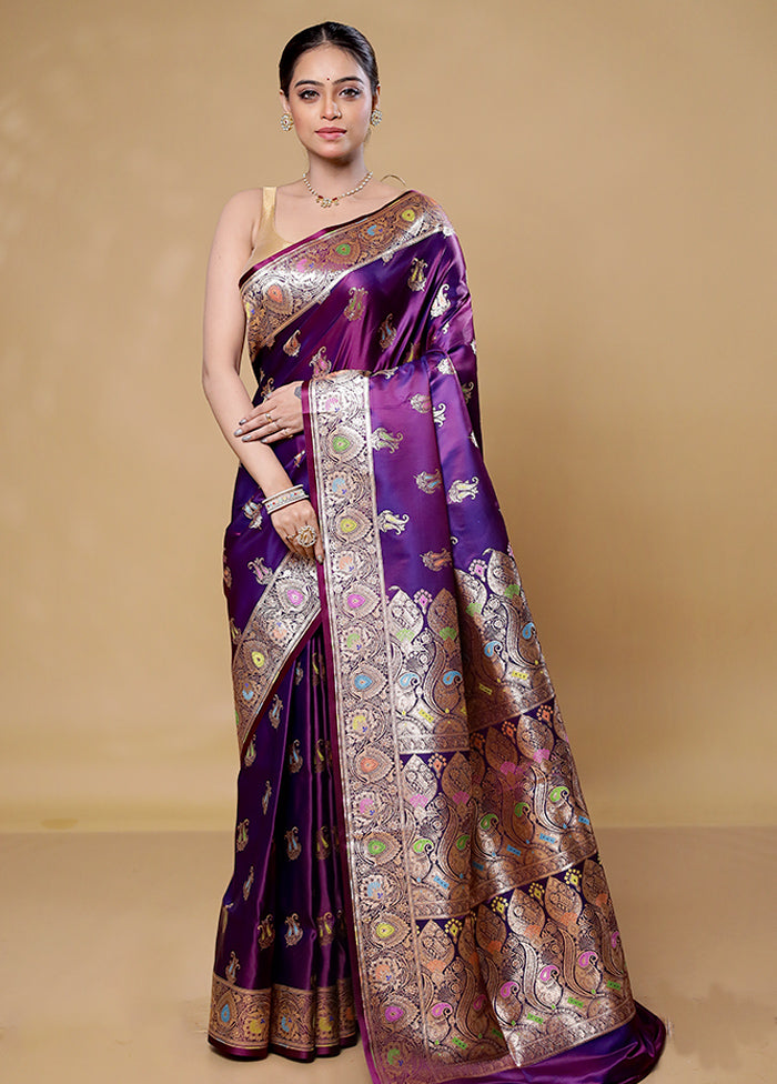 Purple Banarasi Silk Saree With Blouse Piece