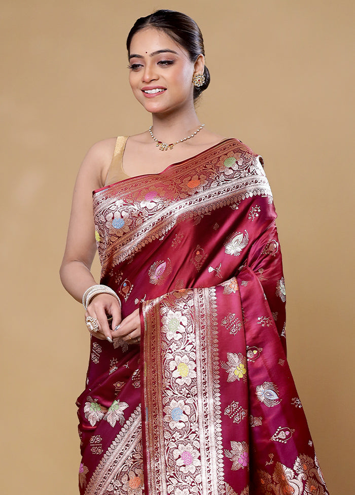 Wine Banarasi Silk Saree With Blouse Piece