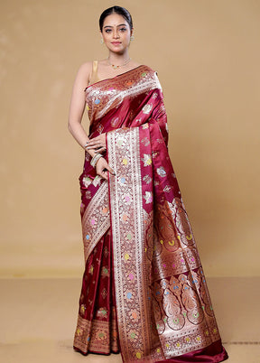 Wine Banarasi Silk Saree With Blouse Piece