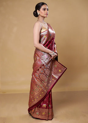 Wine Banarasi Silk Saree With Blouse Piece