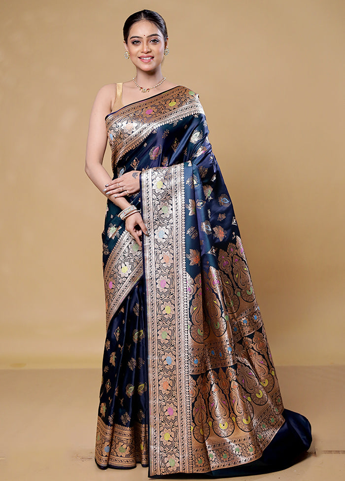 Blue Banarasi Silk Saree With Blouse Piece