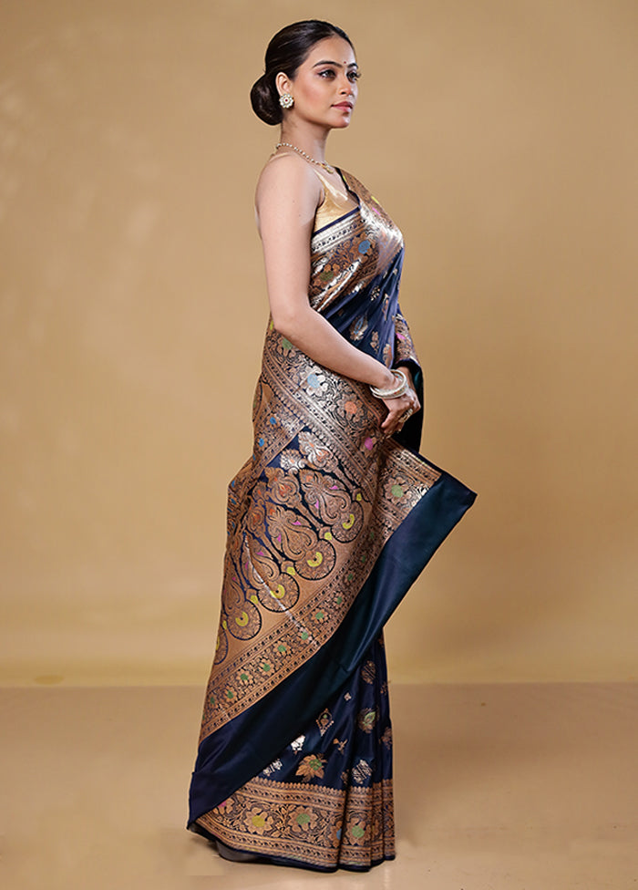 Blue Banarasi Silk Saree With Blouse Piece