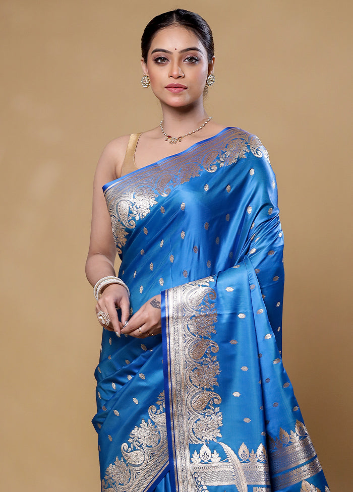 Blue Banarasi Silk Saree With Blouse Piece