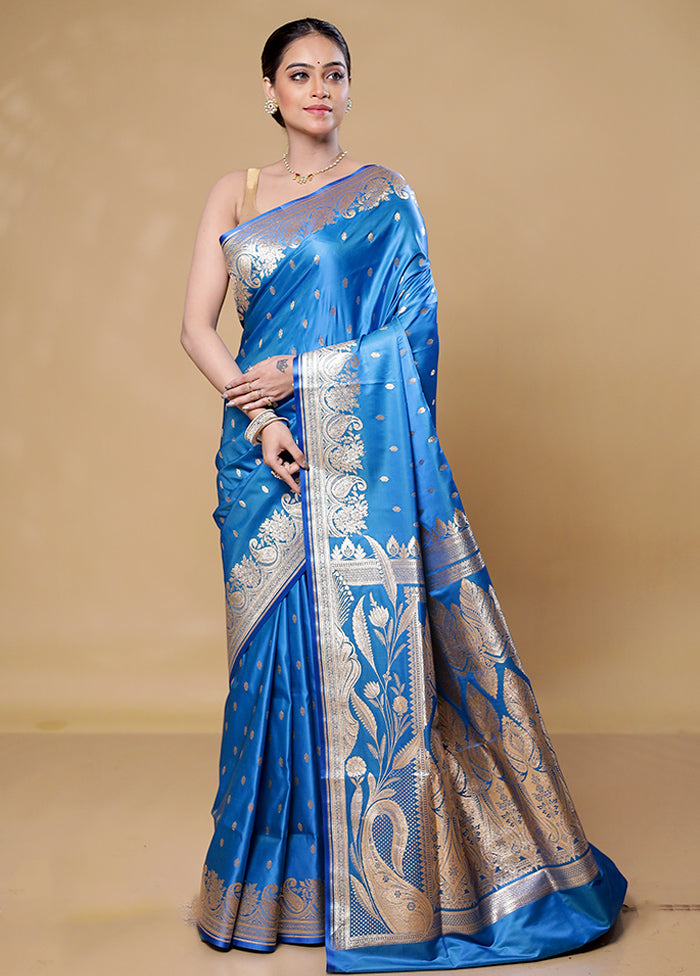 Blue Banarasi Silk Saree With Blouse Piece