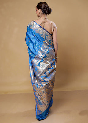 Blue Banarasi Silk Saree With Blouse Piece