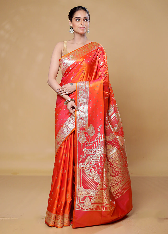 Orange Banarasi Silk Saree With Blouse Piece