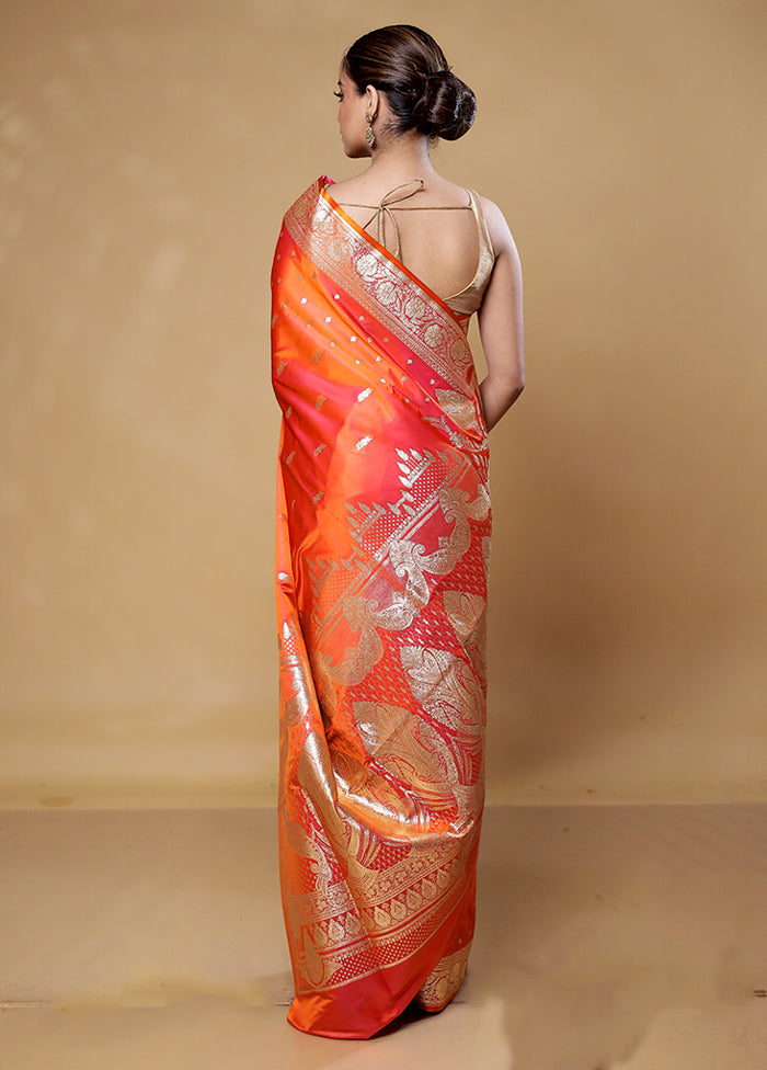 Orange Banarasi Silk Saree With Blouse Piece