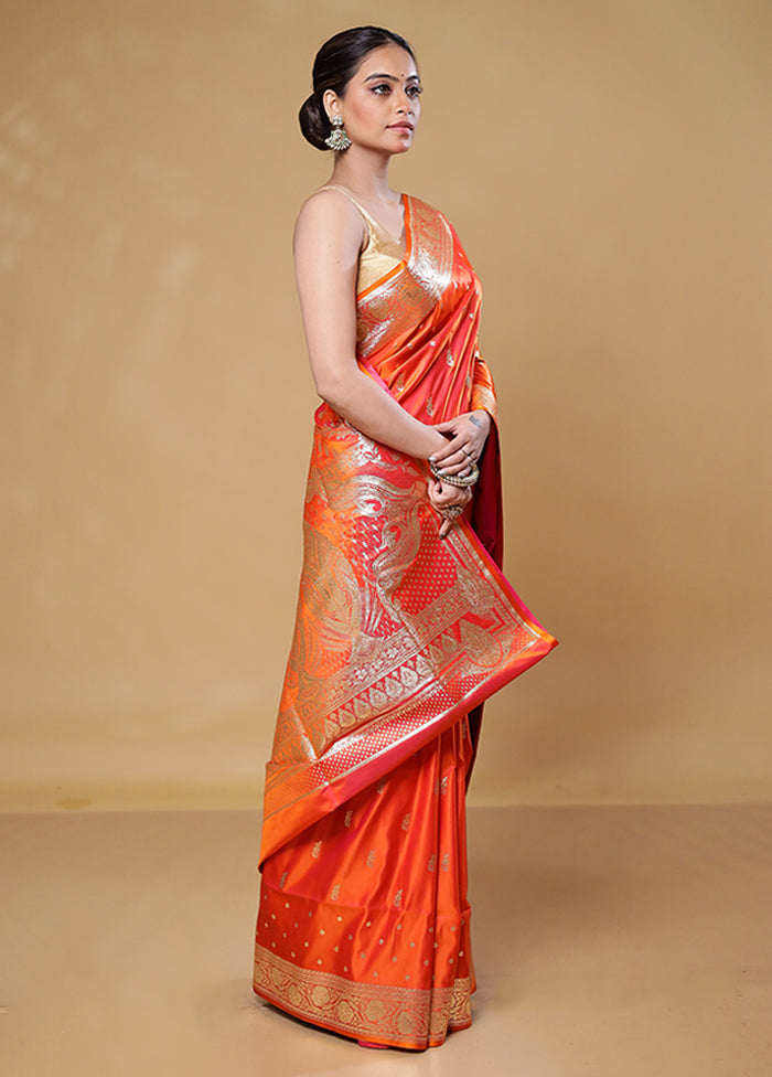 Orange Banarasi Silk Saree With Blouse Piece