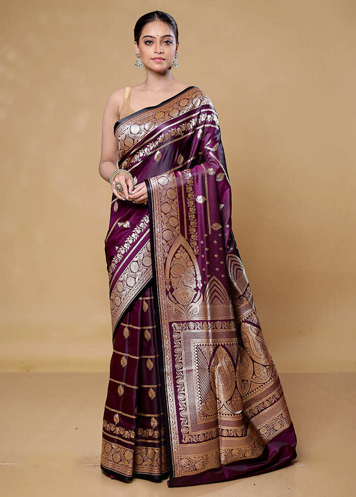 Wine Banarasi Silk Saree With Blouse Piece