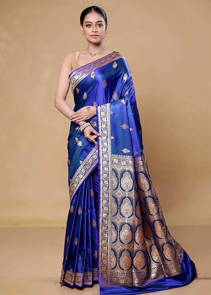 Blue Banarasi Silk Saree With Blouse Piece