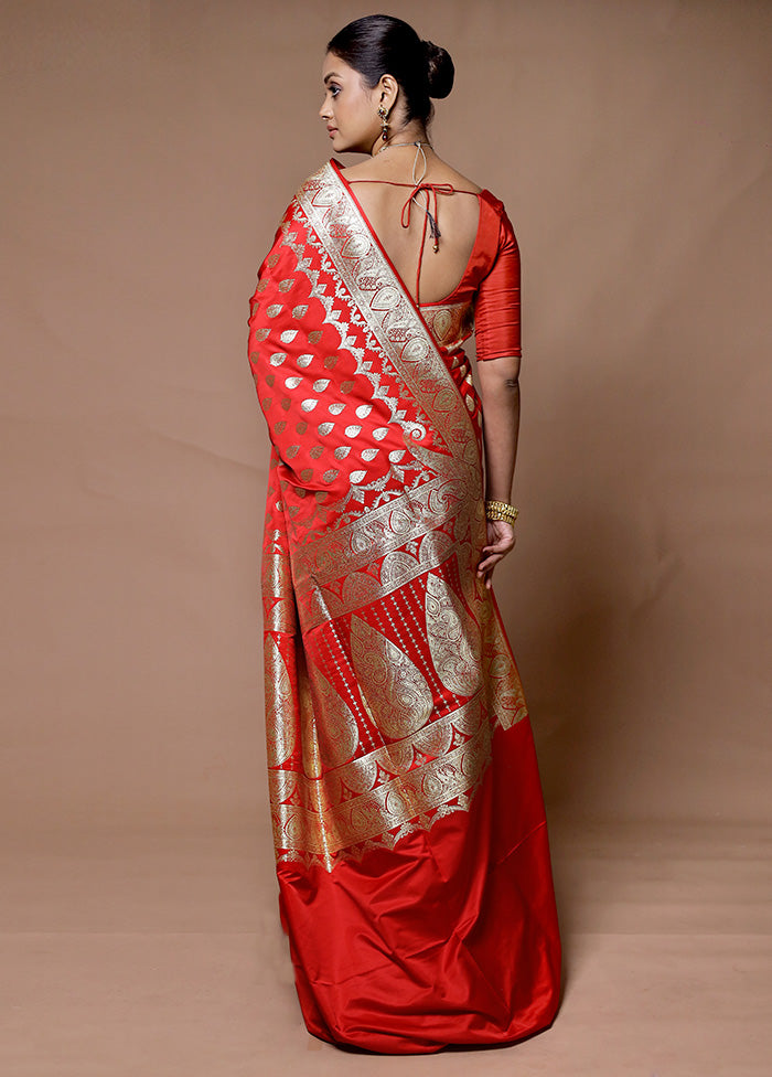 Red Banarasi Silk Saree With Blouse Piece