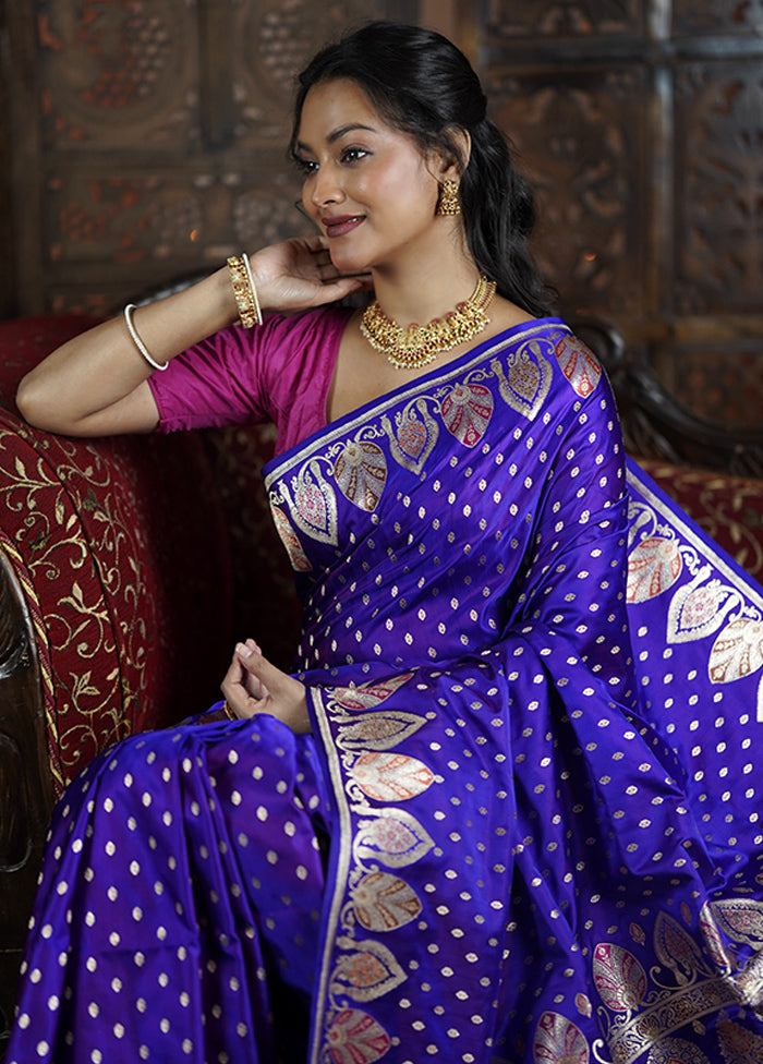 Purple Handloom Banarasi Pure Silk Saree With Blouse Piece