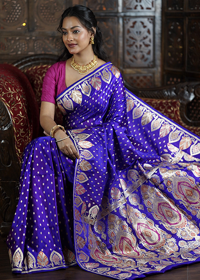 Purple Handloom Banarasi Pure Silk Saree With Blouse Piece