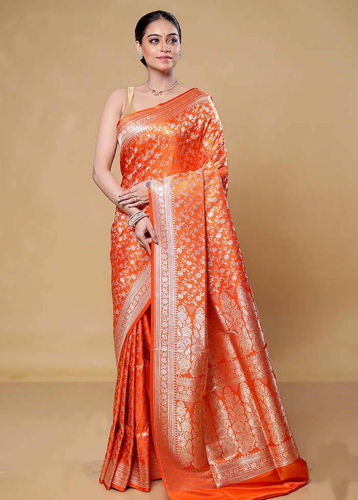 Orange Handloom Banarasi Pure Silk Saree With Blouse Piece