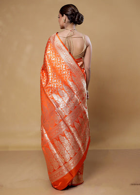 Orange Handloom Banarasi Pure Silk Saree With Blouse Piece