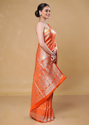 Orange Handloom Banarasi Pure Silk Saree With Blouse Piece