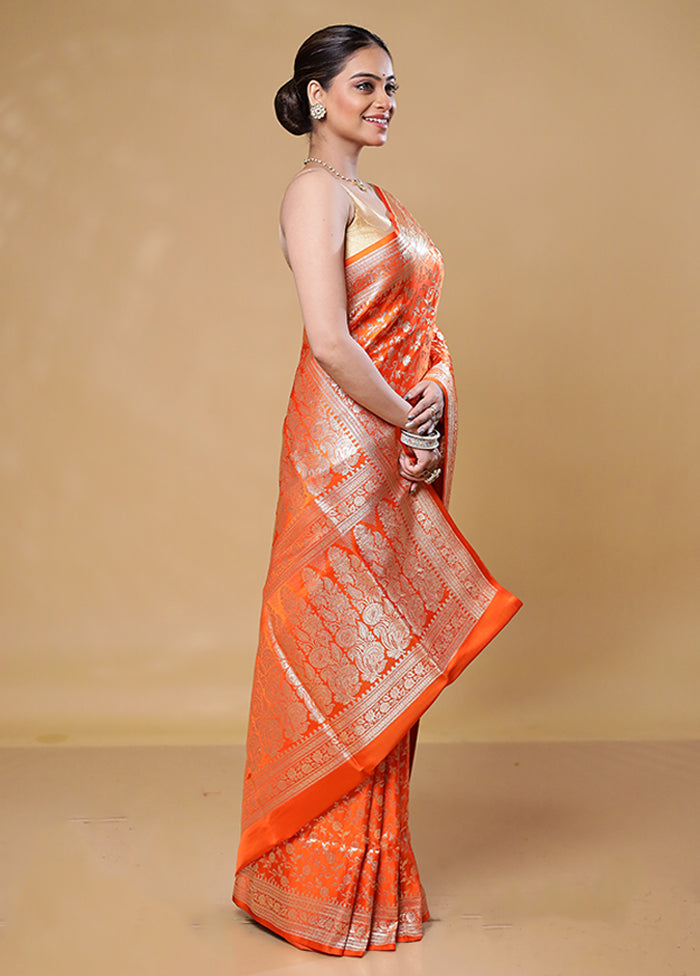 Orange Handloom Banarasi Pure Silk Saree With Blouse Piece