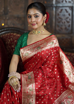 Red Handloom Banarasi Pure Silk Saree With Blouse Piece