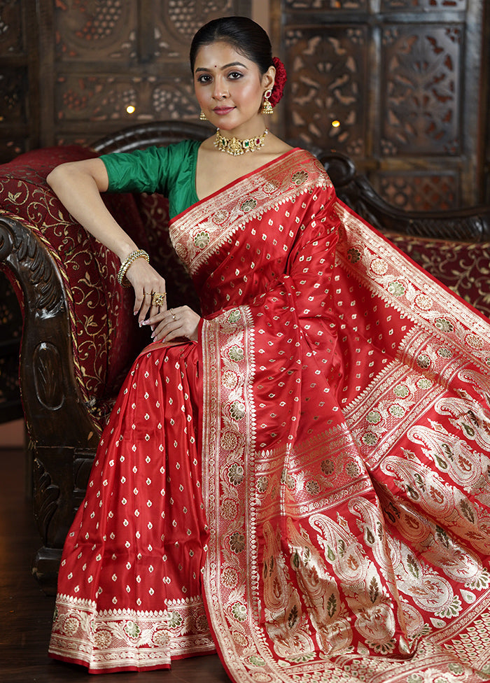 Red Handloom Banarasi Pure Silk Saree With Blouse Piece