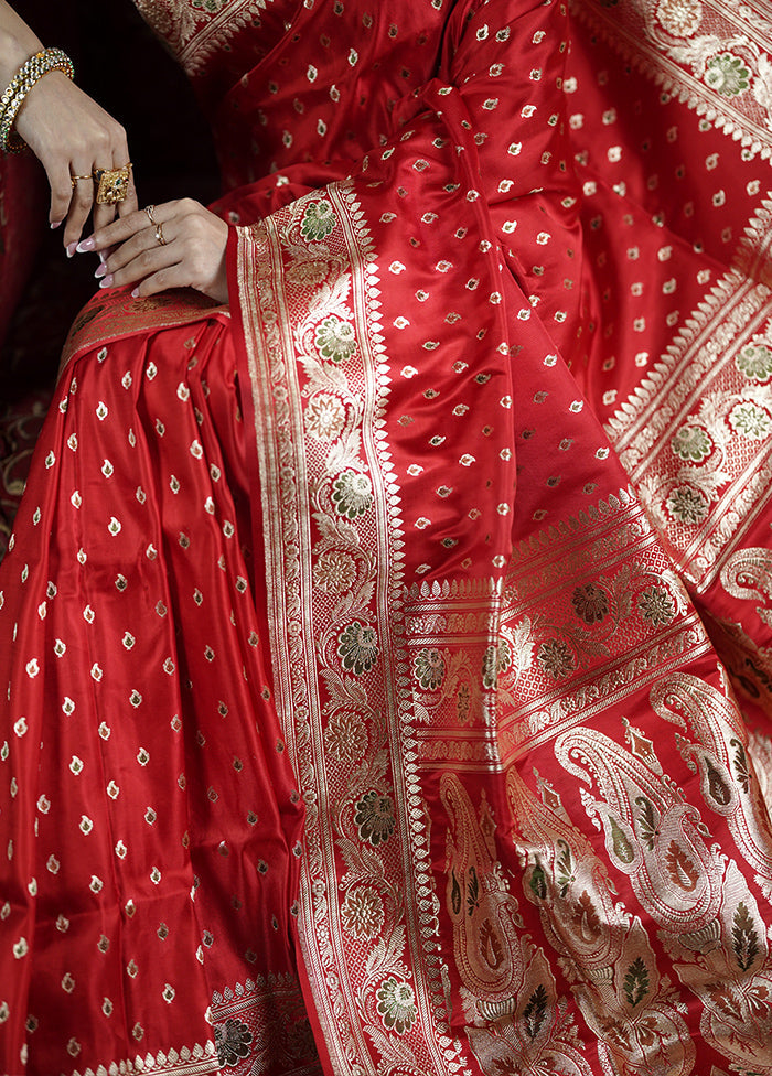 Red Handloom Banarasi Pure Silk Saree With Blouse Piece