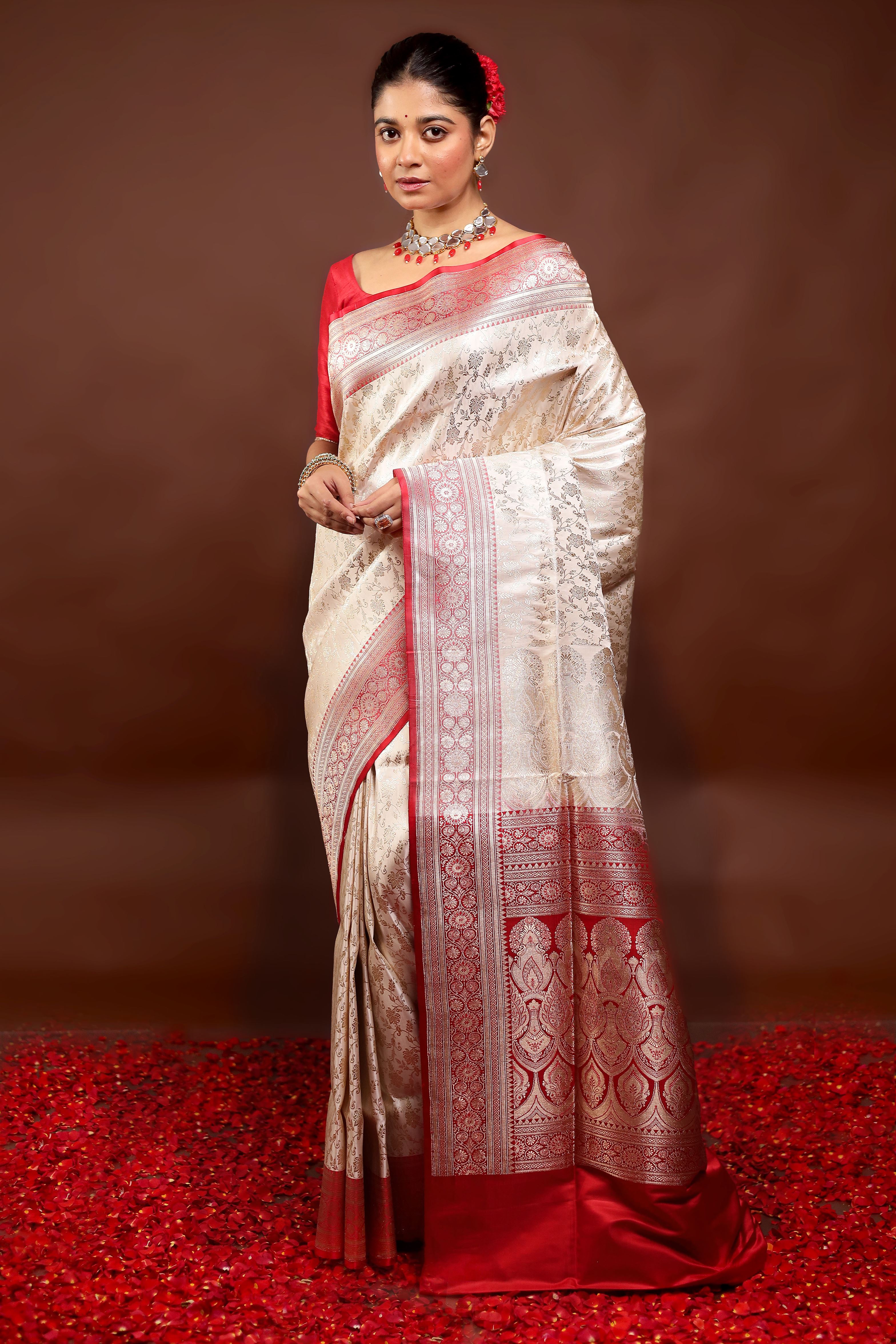 White Handloom Banarasi Pure Silk Saree With Blouse Piece