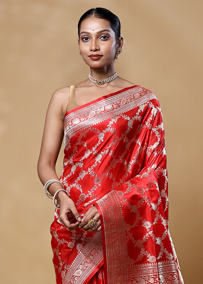 Red Handloom Banarasi Pure Silk Saree With Blouse Piece