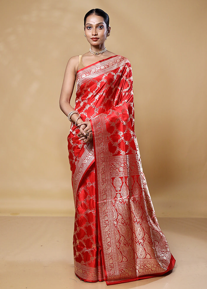 Red Handloom Banarasi Pure Silk Saree With Blouse Piece