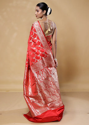 Red Handloom Banarasi Pure Silk Saree With Blouse Piece