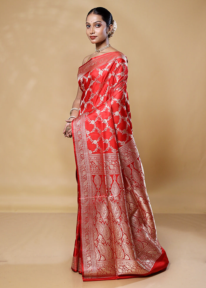 Red Handloom Banarasi Pure Silk Saree With Blouse Piece