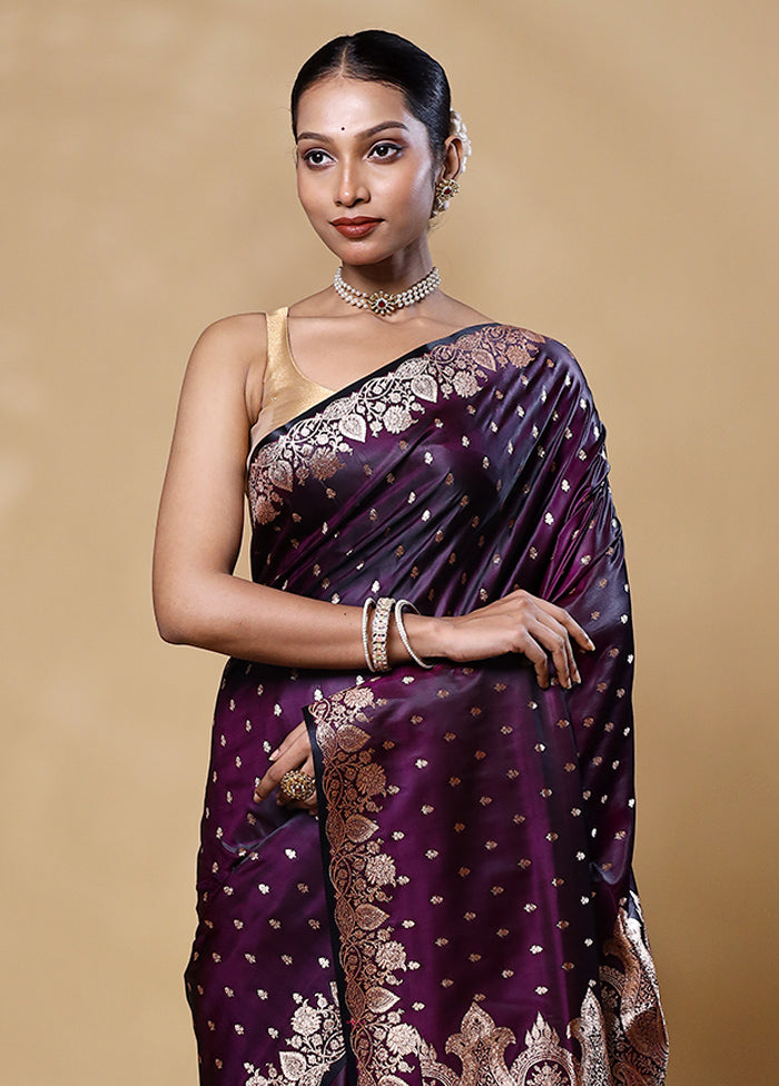 Wine Banarasi Silk Saree With Blouse Piece