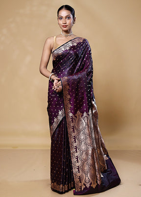 Wine Banarasi Silk Saree With Blouse Piece