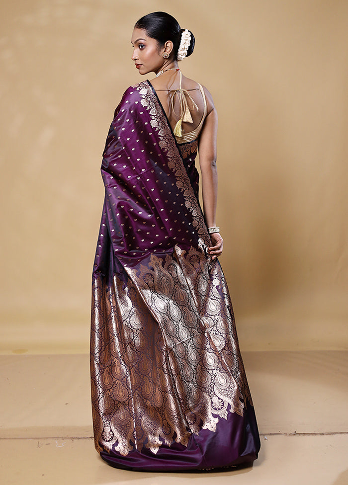 Wine Banarasi Silk Saree With Blouse Piece