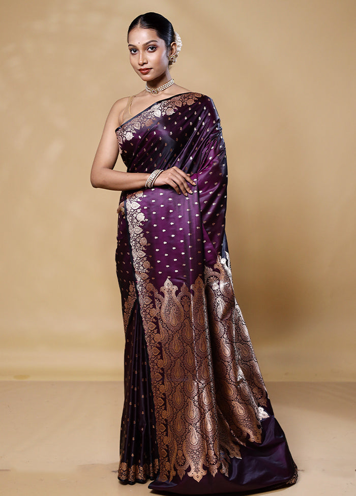 Wine Banarasi Silk Saree With Blouse Piece