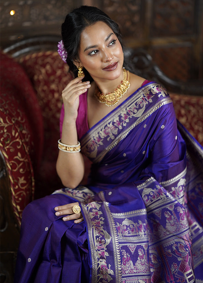 Purple Handloom Baluchari Pure Silk Saree With Blouse Piece