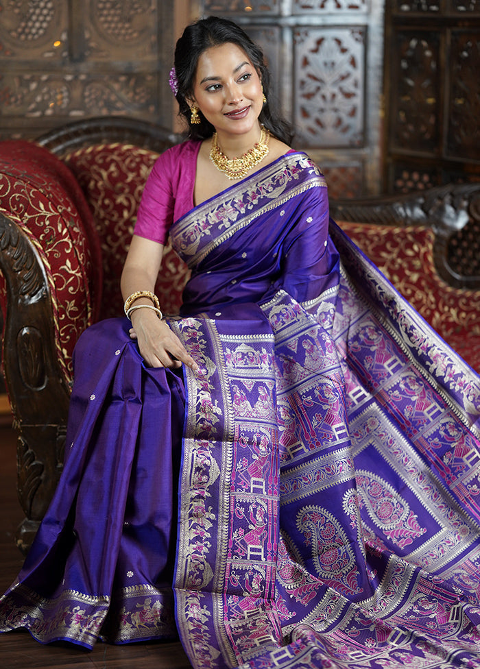 Purple Handloom Baluchari Pure Silk Saree With Blouse Piece