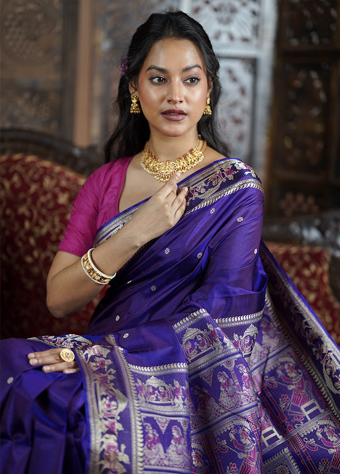 Purple Handloom Baluchari Pure Silk Saree With Blouse Piece