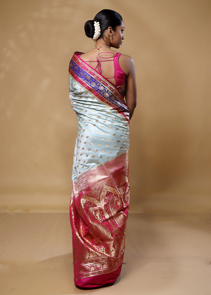 Sky Blue Banarasi Silk Saree With Blouse Piece