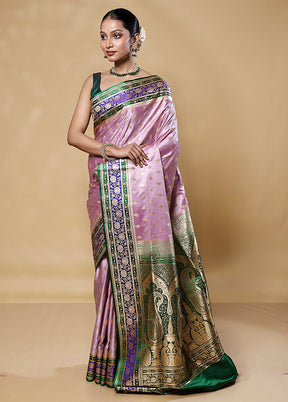 Pink Banarasi Silk Saree With Blouse Piece