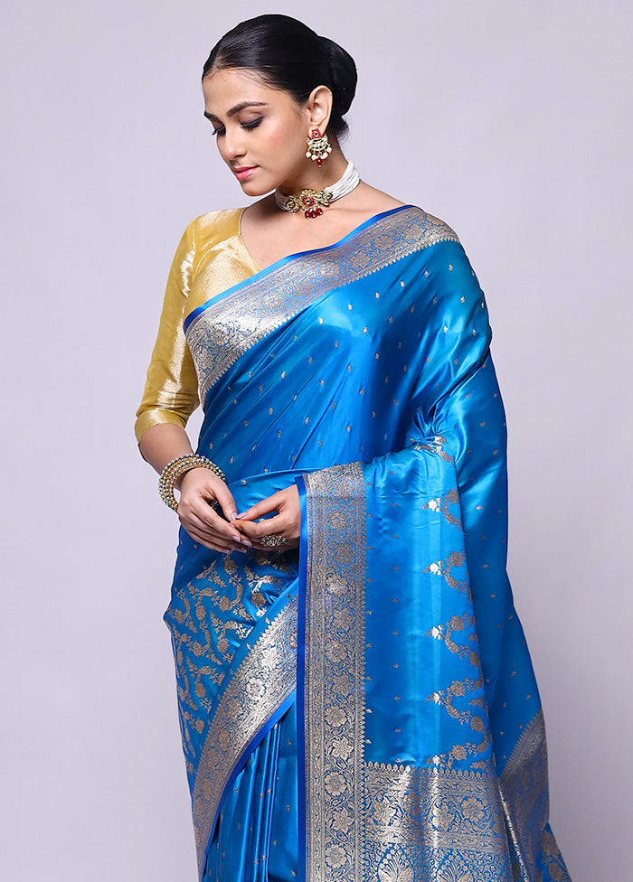 Blue Banarasi Silk Saree With Blouse Piece