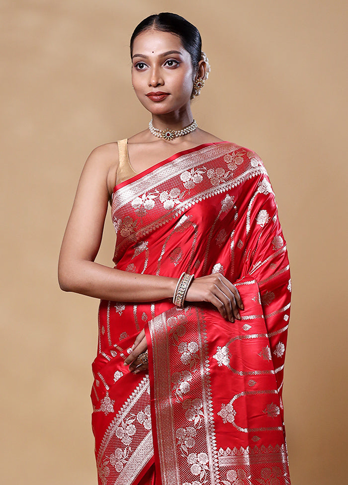 Red Banarasi Silk Saree With Blouse Piece