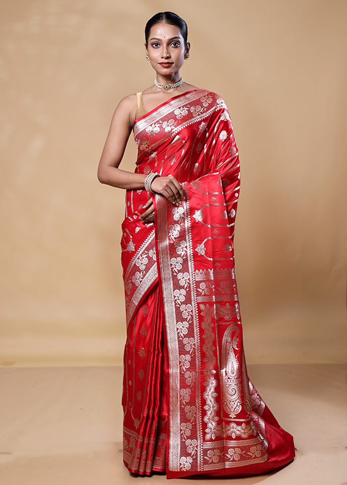 Red Banarasi Silk Saree With Blouse Piece