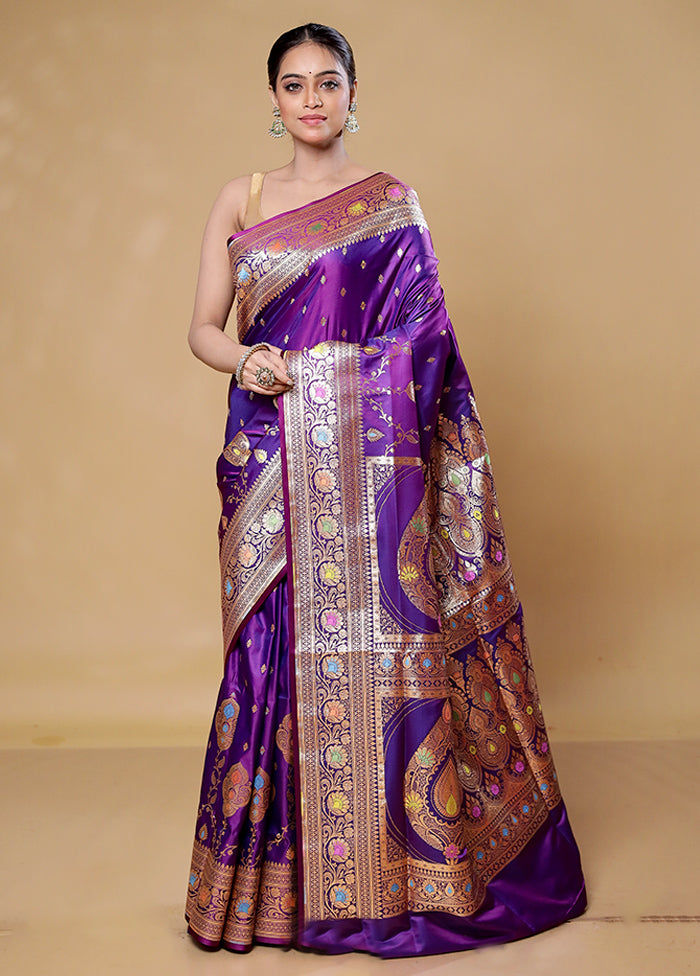 Purple Banarasi Silk Saree With Blouse Piece