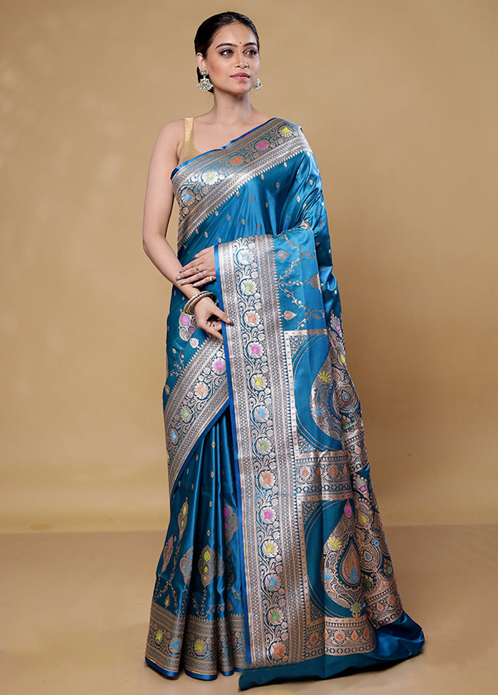 Blue Banarasi Silk Saree With Blouse Piece